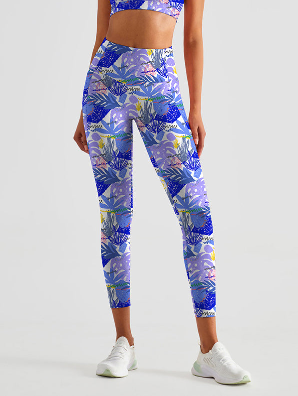 Botanical lilac color hand drawn abstract leaves leggings