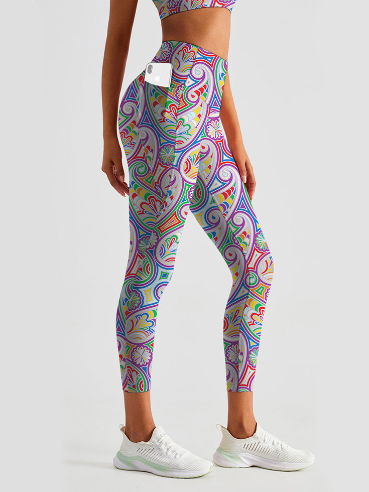 Colourful drawn paisley breathable waistband leggings