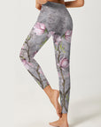 Flower pink magnolia branch grey yoga leggings