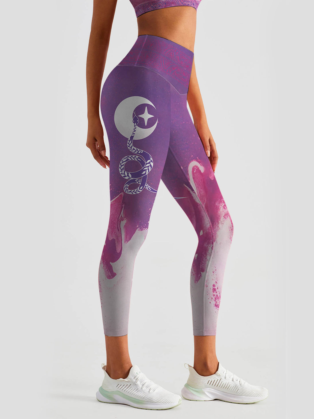 Cosmos celestial bodies moon snake design purple leggings