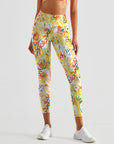 Blooming flower colorful hand painted yellow leggings