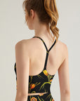 Blooming yellow flower embroidered dark tank tops