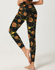 Blooming yellow flower embroidered dark leggings