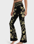 Flower green chinese embroided artistic detailed flare leggings