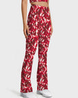 Red abstract flower breathable waistband flare leggings