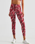 Red abstract flower breathable waistband leggings