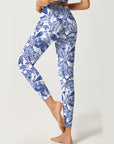 Flower blue and white vintage print breathable yoga leggings
